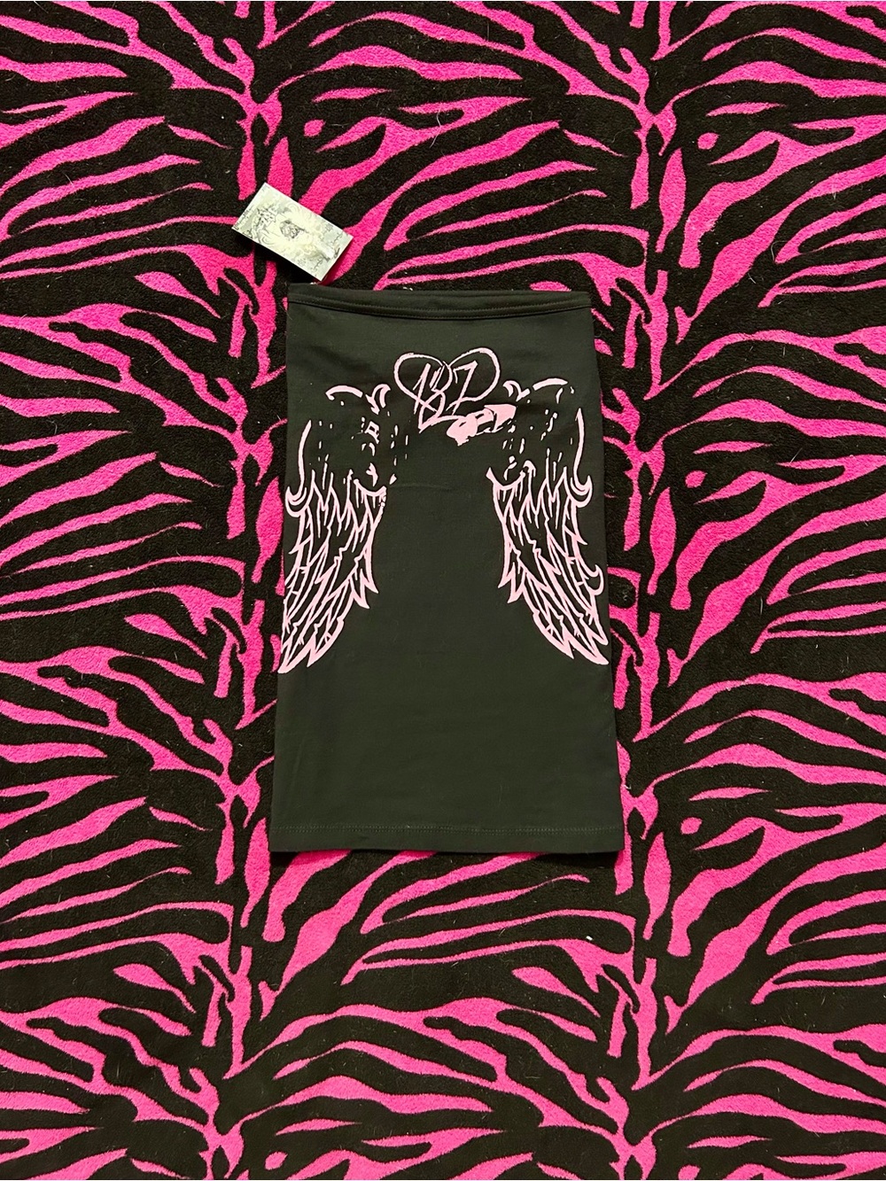 Vintage 187 Inc Tube Top Black Pink Guns Heart Wings Y2K McBling